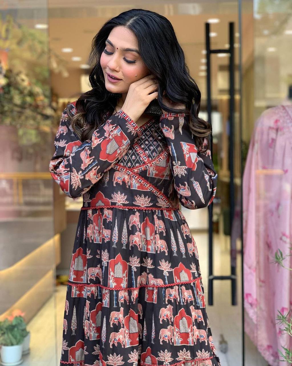 PURE COTTON AJRAKH PRINT ANARKALI KURTI WITH FULL FLAIR