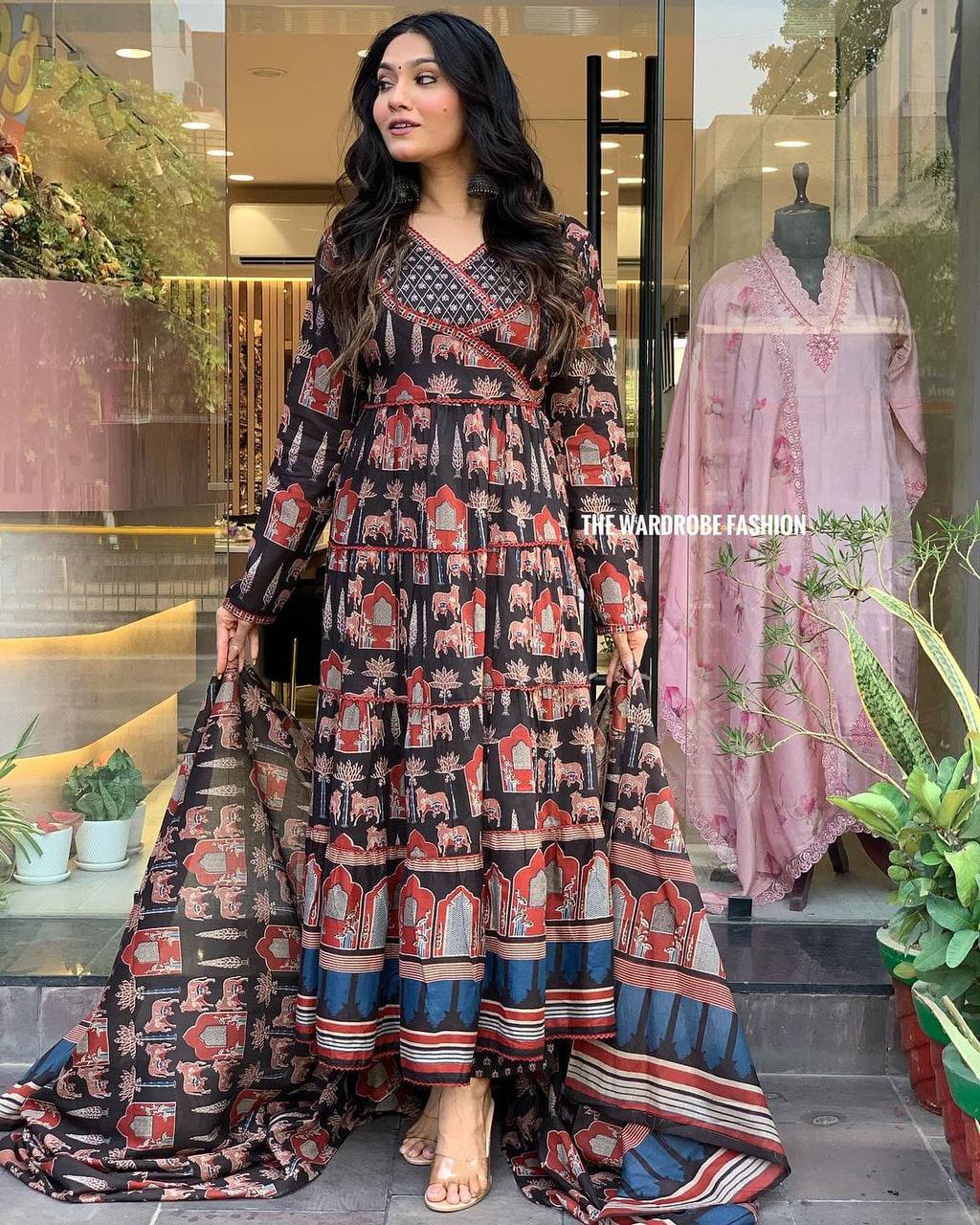 PURE COTTON AJRAKH PRINT ANARKALI KURTI WITH FULL FLAIR