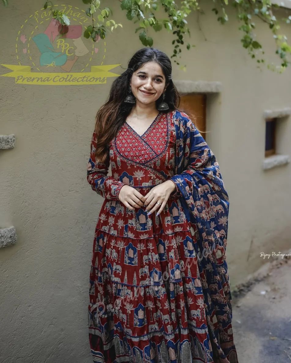 PURE COTTON AJRAKH PRINT ANARKALI KURTI WITH FULL FLAIR