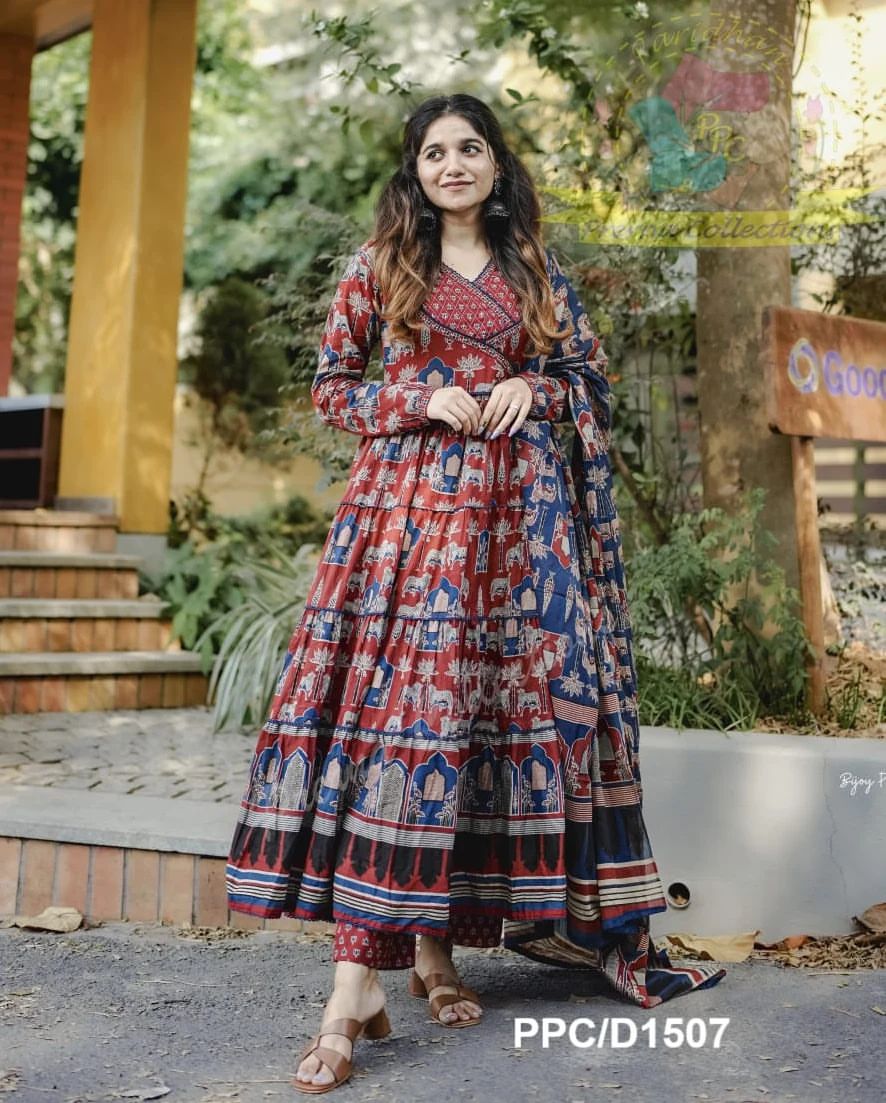 PURE COTTON AJRAKH PRINT ANARKALI KURTI WITH FULL FLAIR