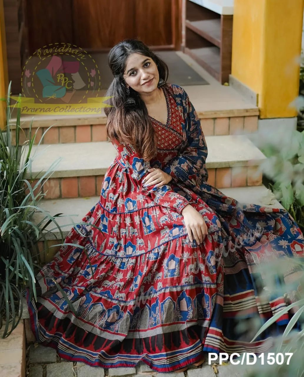PURE COTTON AJRAKH PRINT ANARKALI KURTI WITH FULL FLAIR