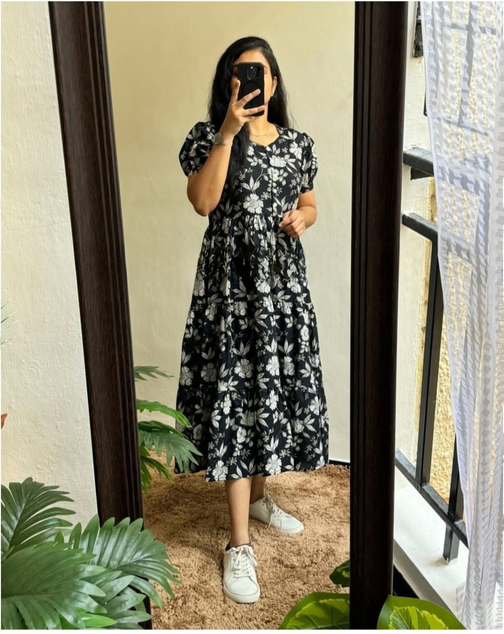 Beautiful  printed Lotus flower  cotton middi Gown dress