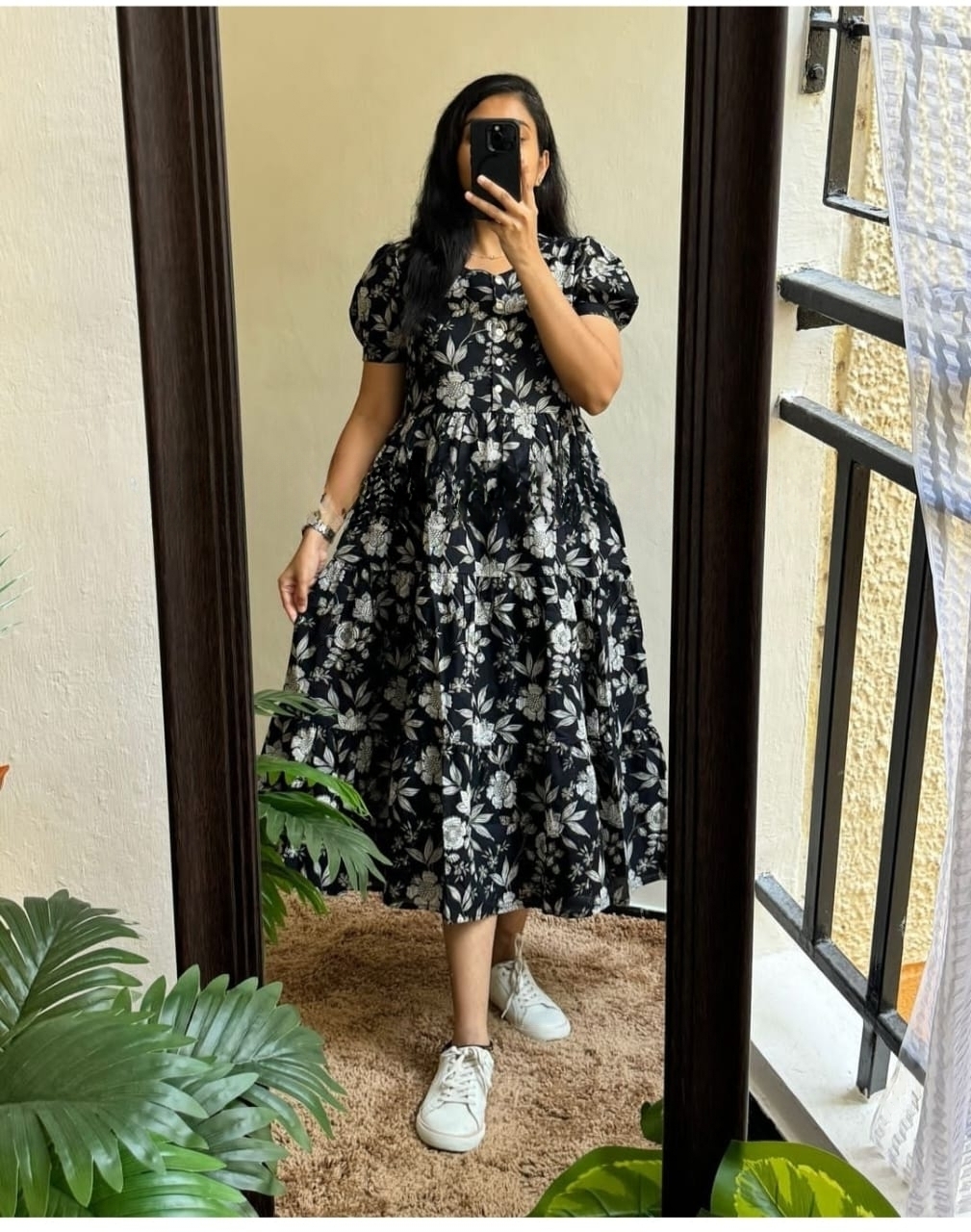 Beautiful  printed Lotus flower  cotton middi Gown dress