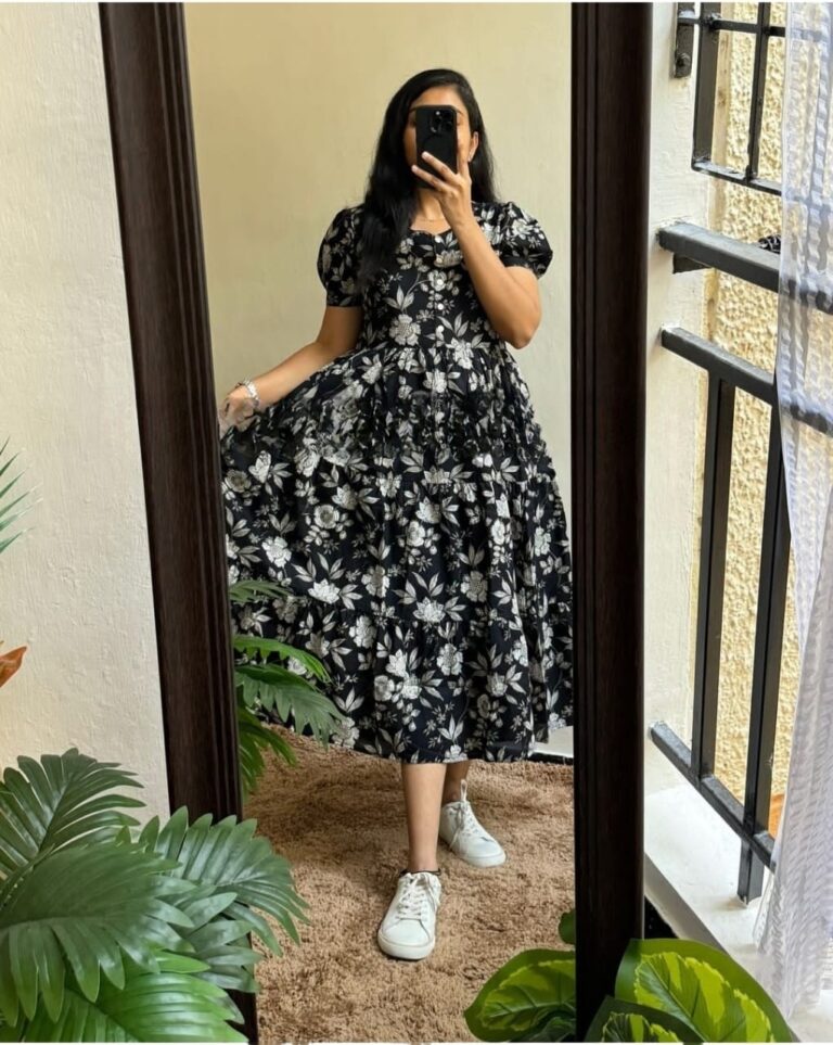 Beautiful  printed Lotus flower  cotton middi Gown dress