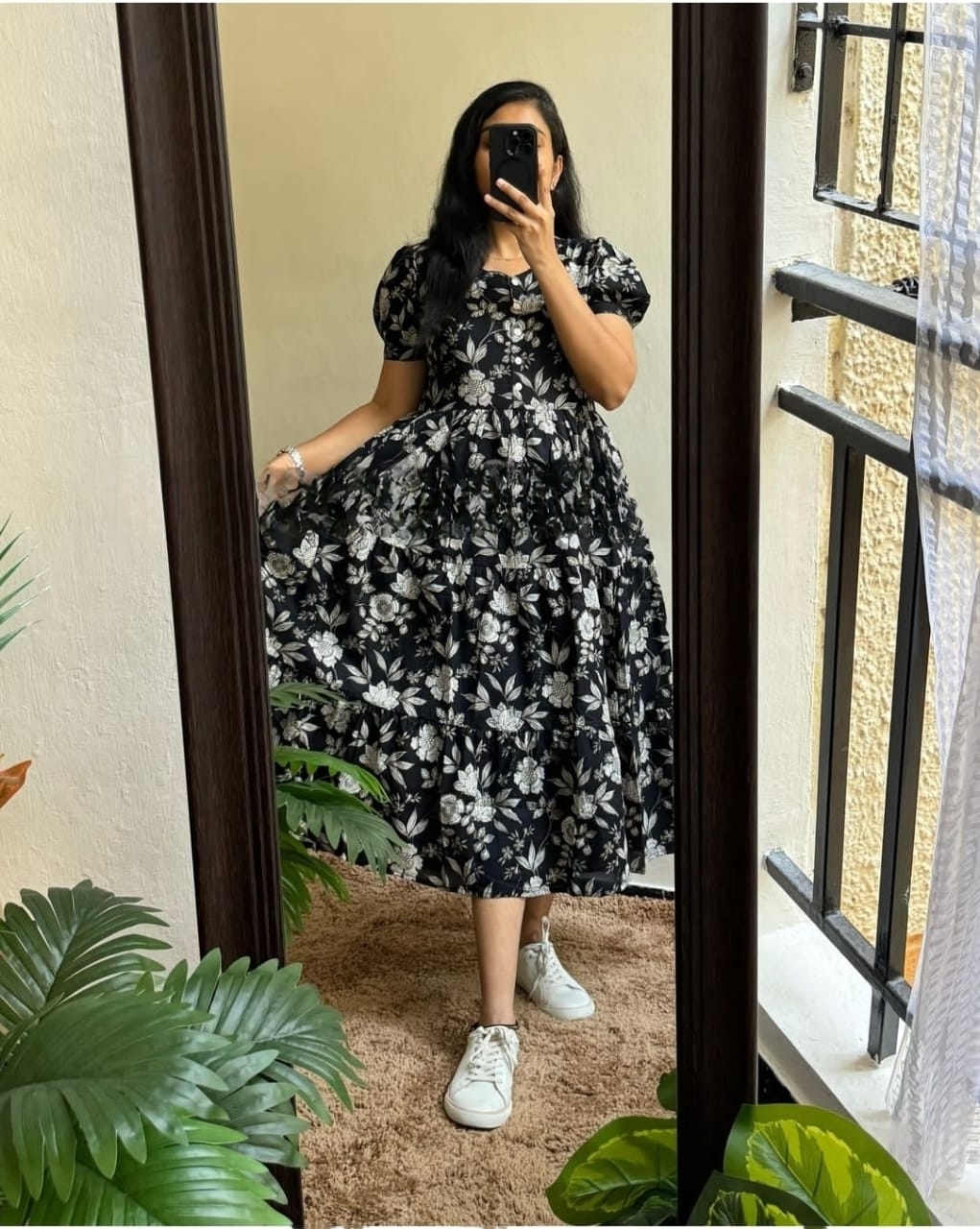 Beautiful  printed Lotus flower  cotton middi Gown dress