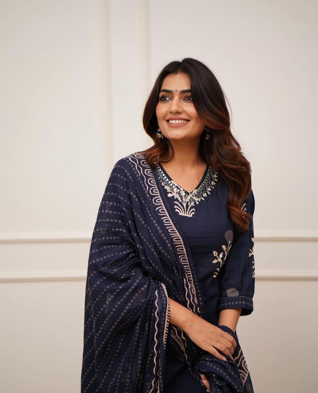 New Blue Discharge Printed suit set cotton Dupatta pant set