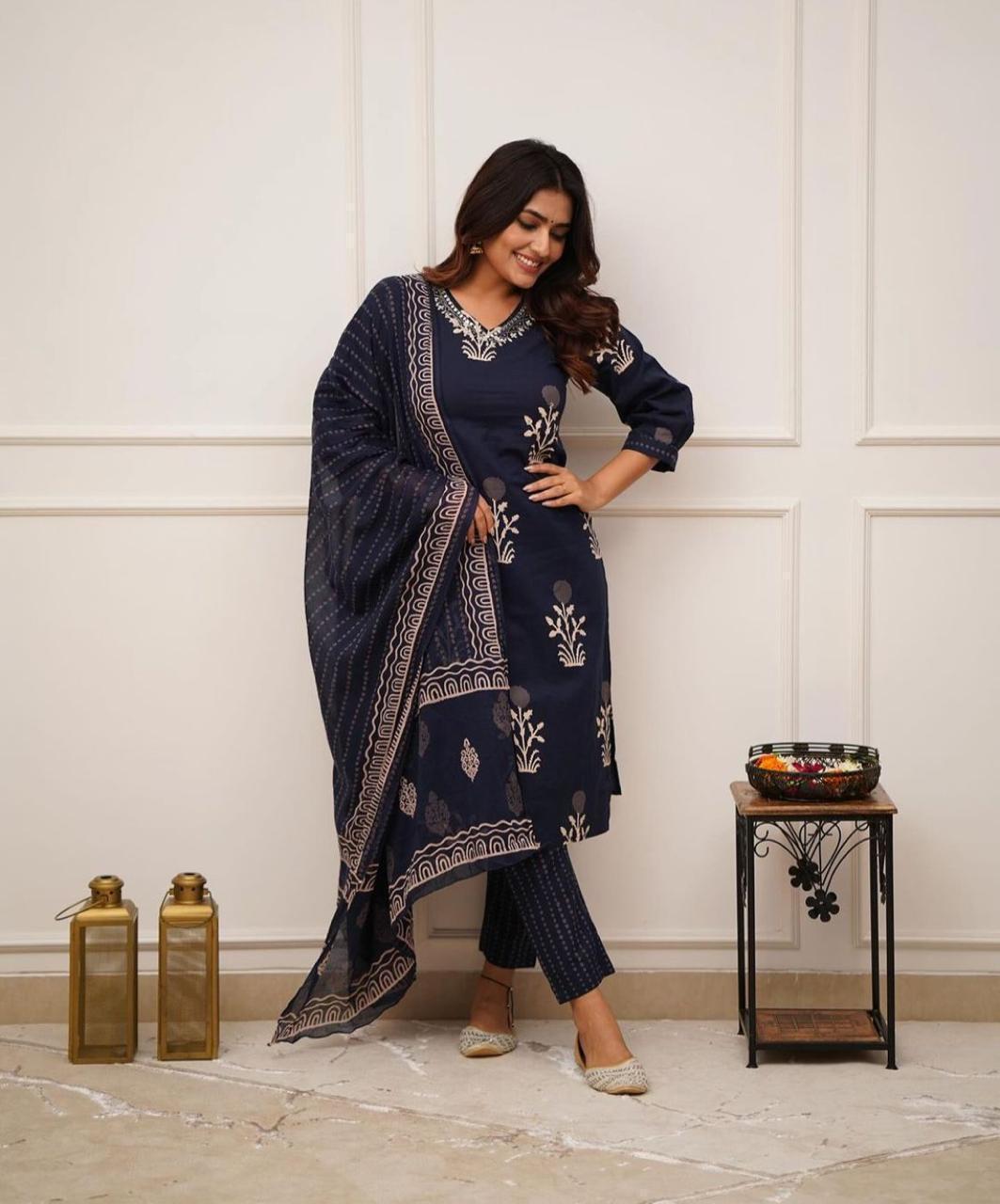 New Blue Discharge Printed suit set cotton Dupatta pant set