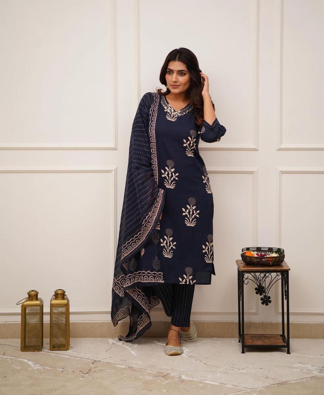 New Blue Discharge Printed suit set cotton Dupatta pant set