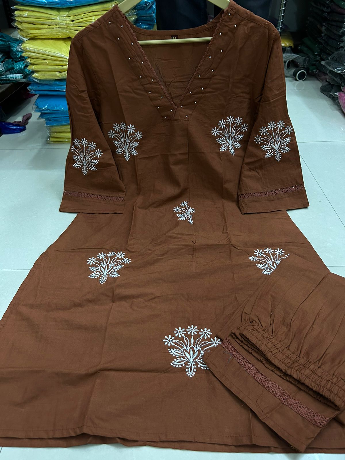 classy kurti  embroidery detailing & moti lace work
